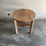 Art Deco round oak side table in light weathered oak with lower shelf, geometric three-leg design