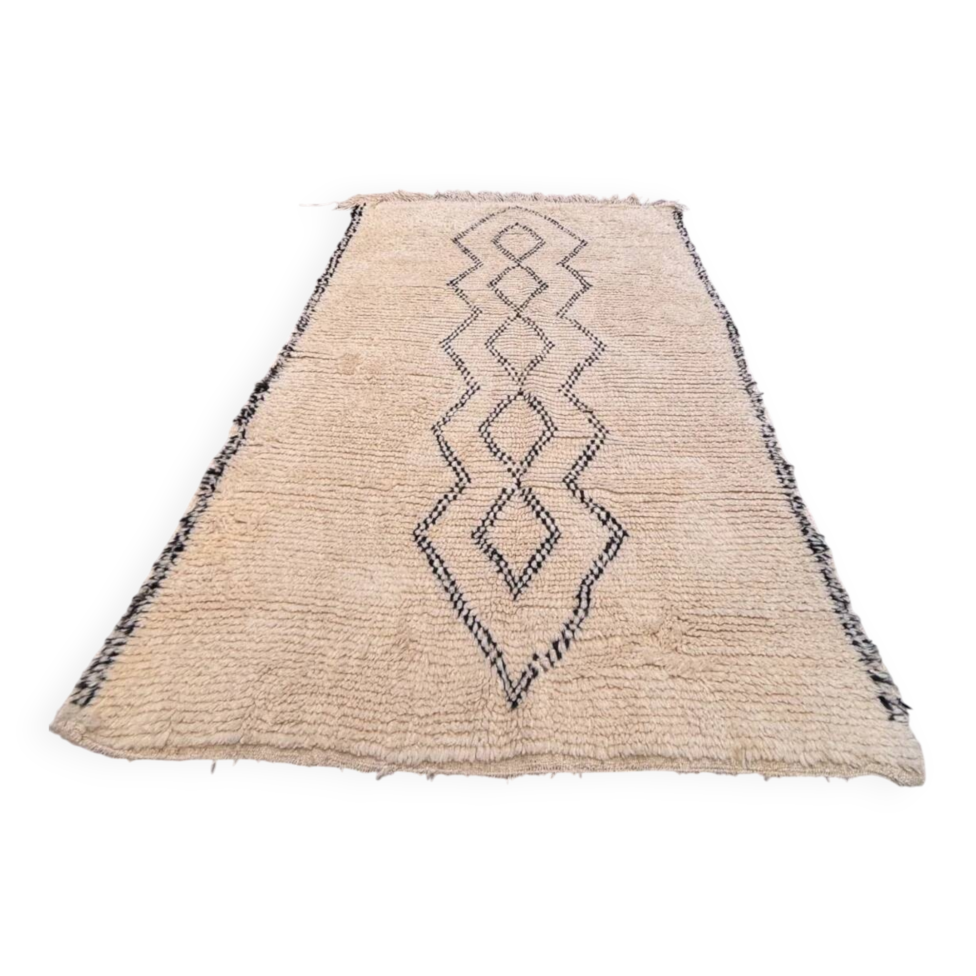 Tapis berbère marocain vintage Beni Ourain, Atlas, motif tribal, 200 x 142 cm, déstockage