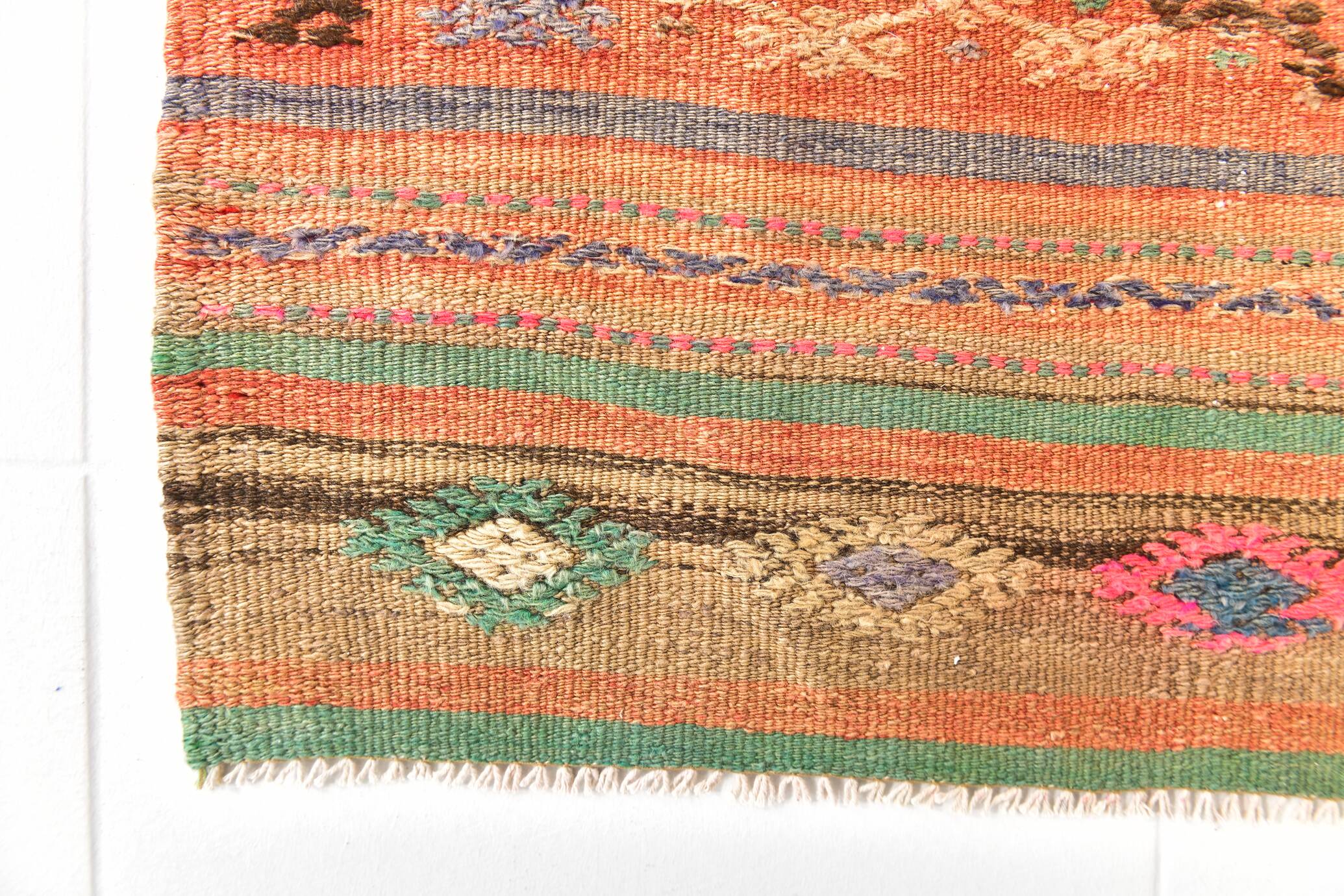 Red & Green Pinstriped Turkish Kilim Rug, 155x250Cm