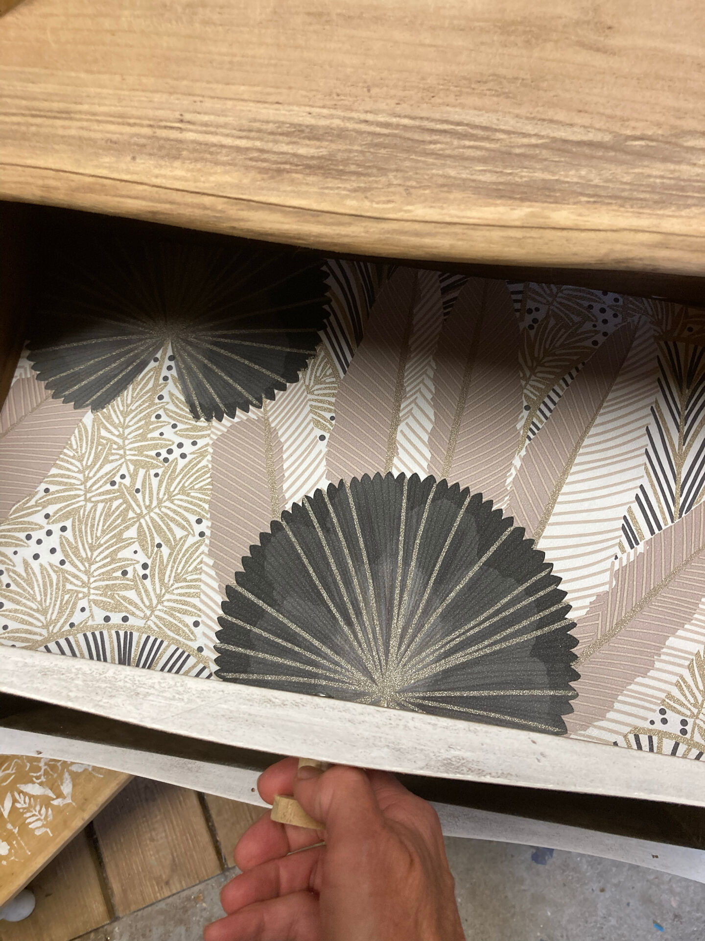 Adorable small chest of drawers or weathered white console.
