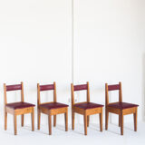 Set of 4 vintage oak wood and Eskai chairs, France 1960.