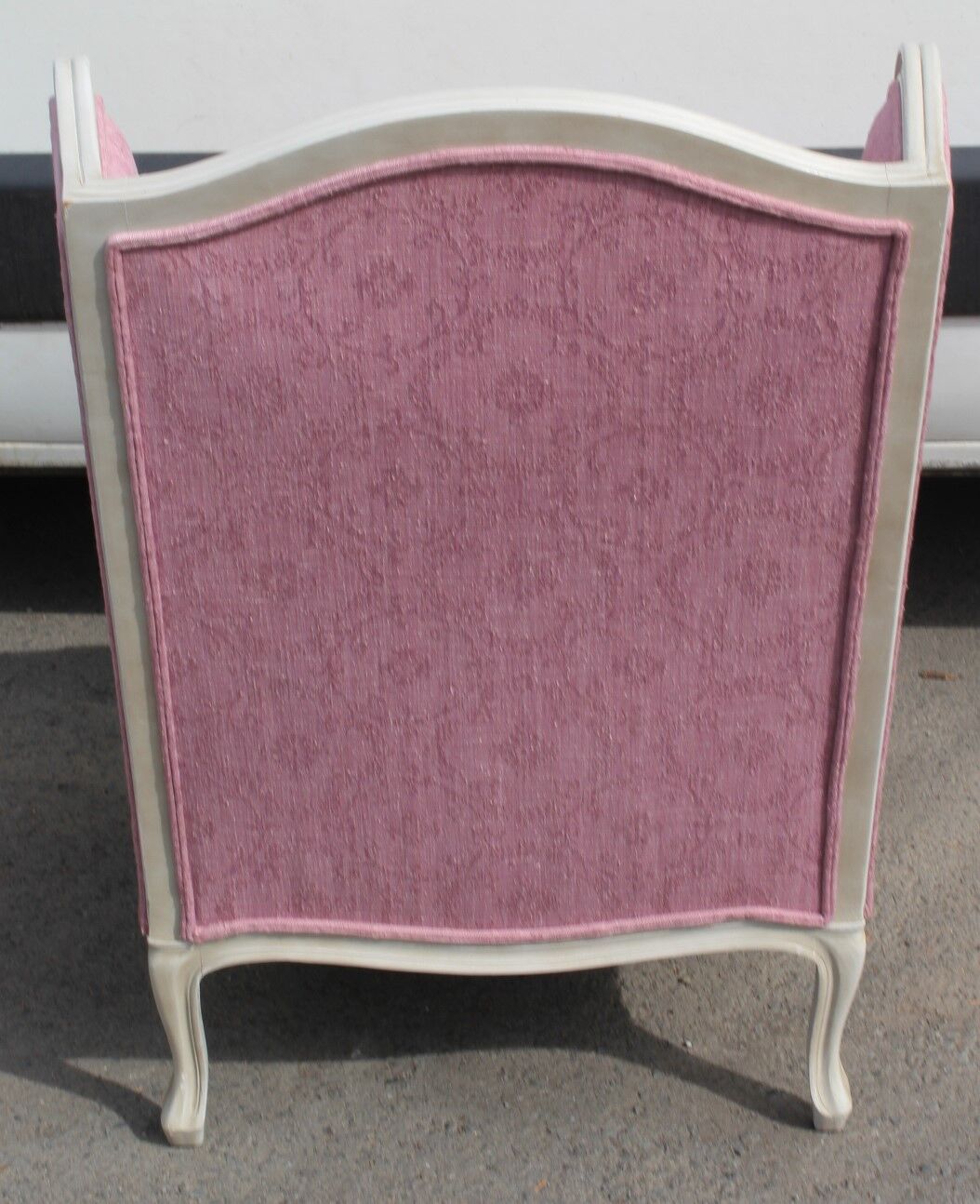 White painted armchair covered in Lilac colour  material