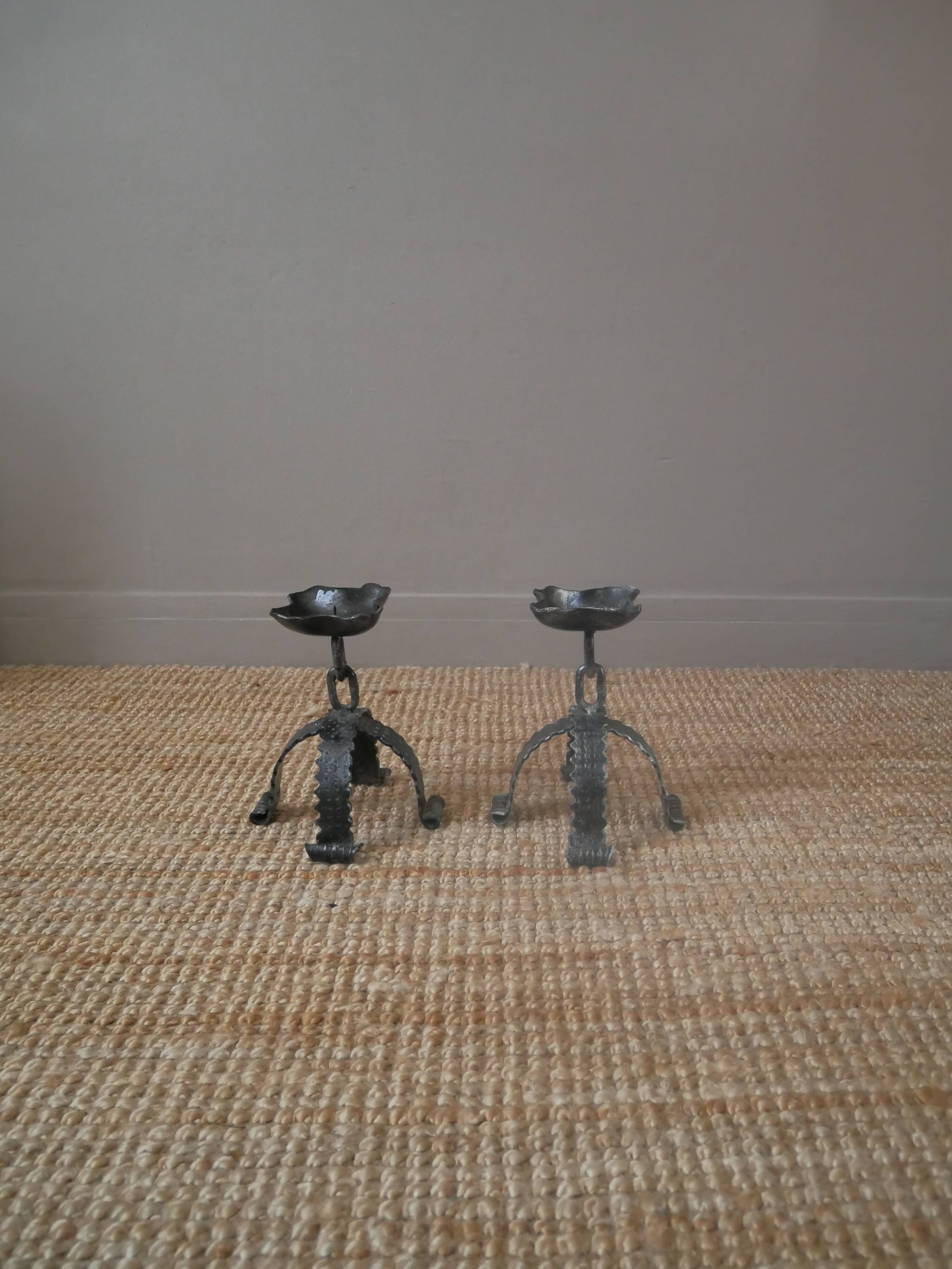 Pair of wrought iron candlesticks candelabra candlesticks handcrafted brutalist folk art