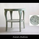 Art Deco round table in painted wood, silver and turquoise, with a hand-painted floral design on the top.