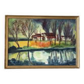 Maison au bord de l’eau, huile sur toile signé