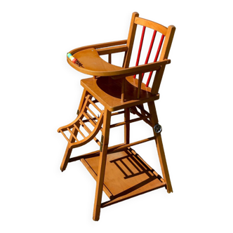 Vintage wooden children's high chair, convertible table
