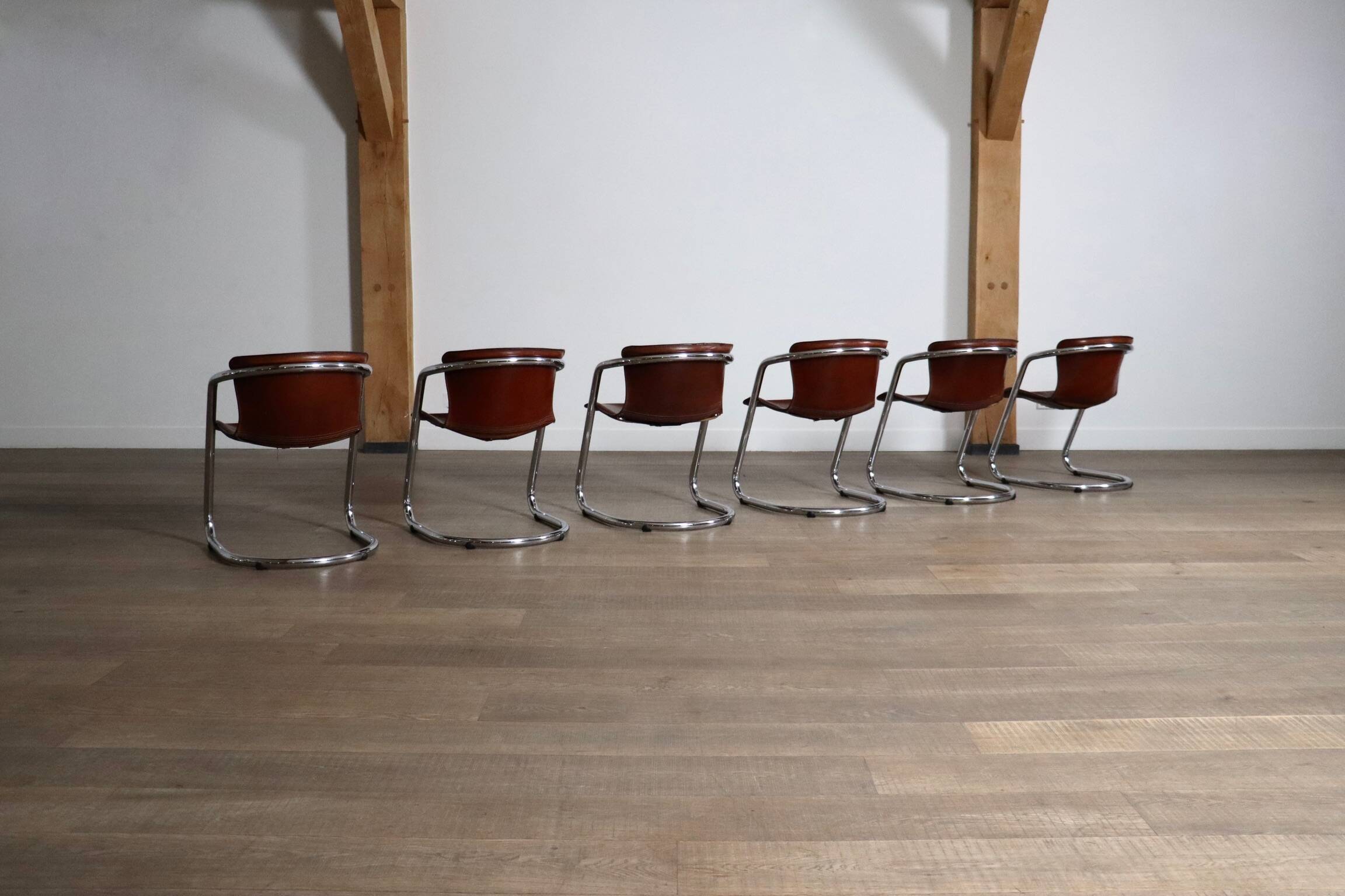 Set of 6 tubular chrome and saddle leather dining chairs for Metaform, 1970