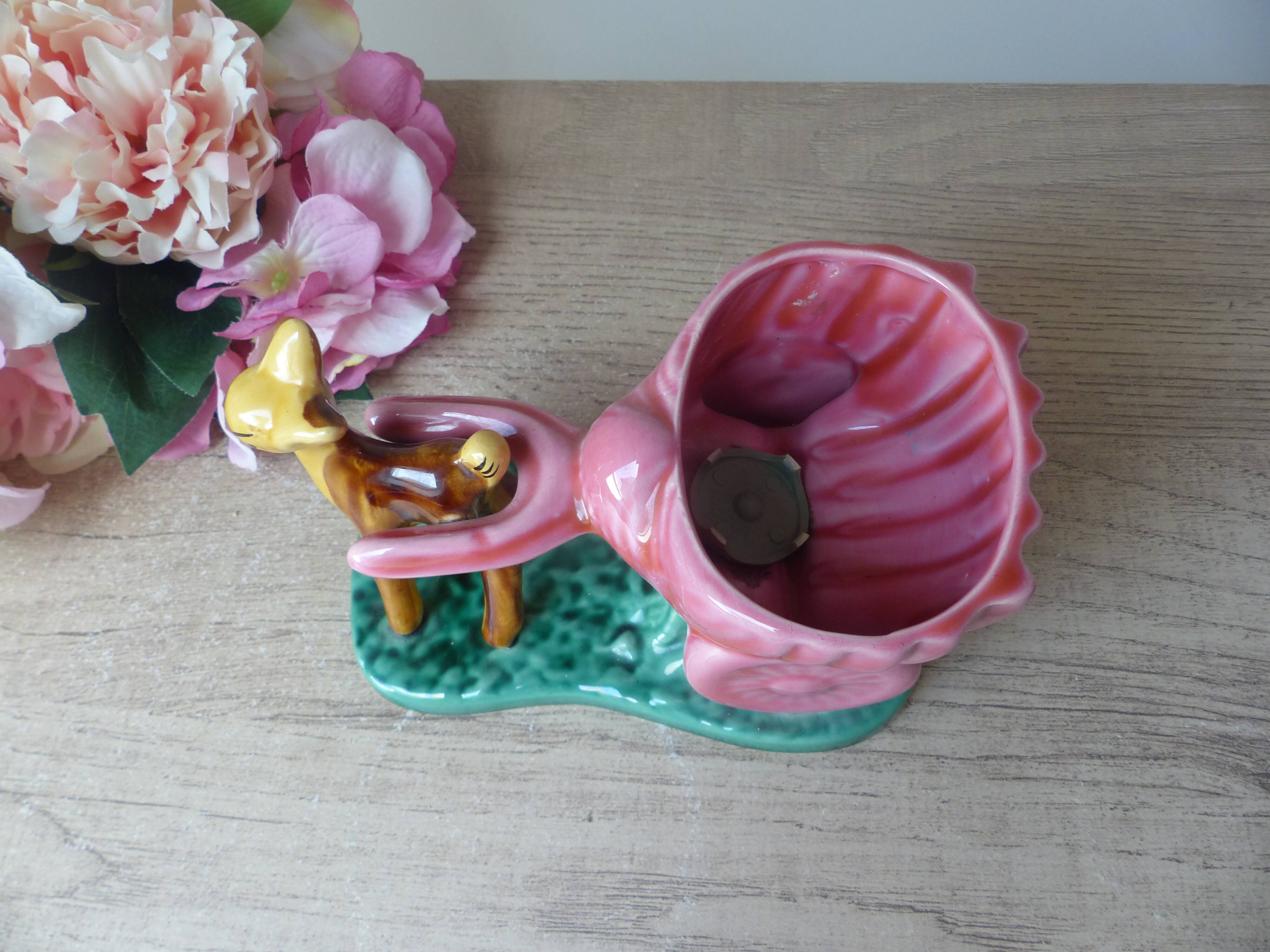 Pot, vase, small doe fawn planter pulling a vintage ceramic cart