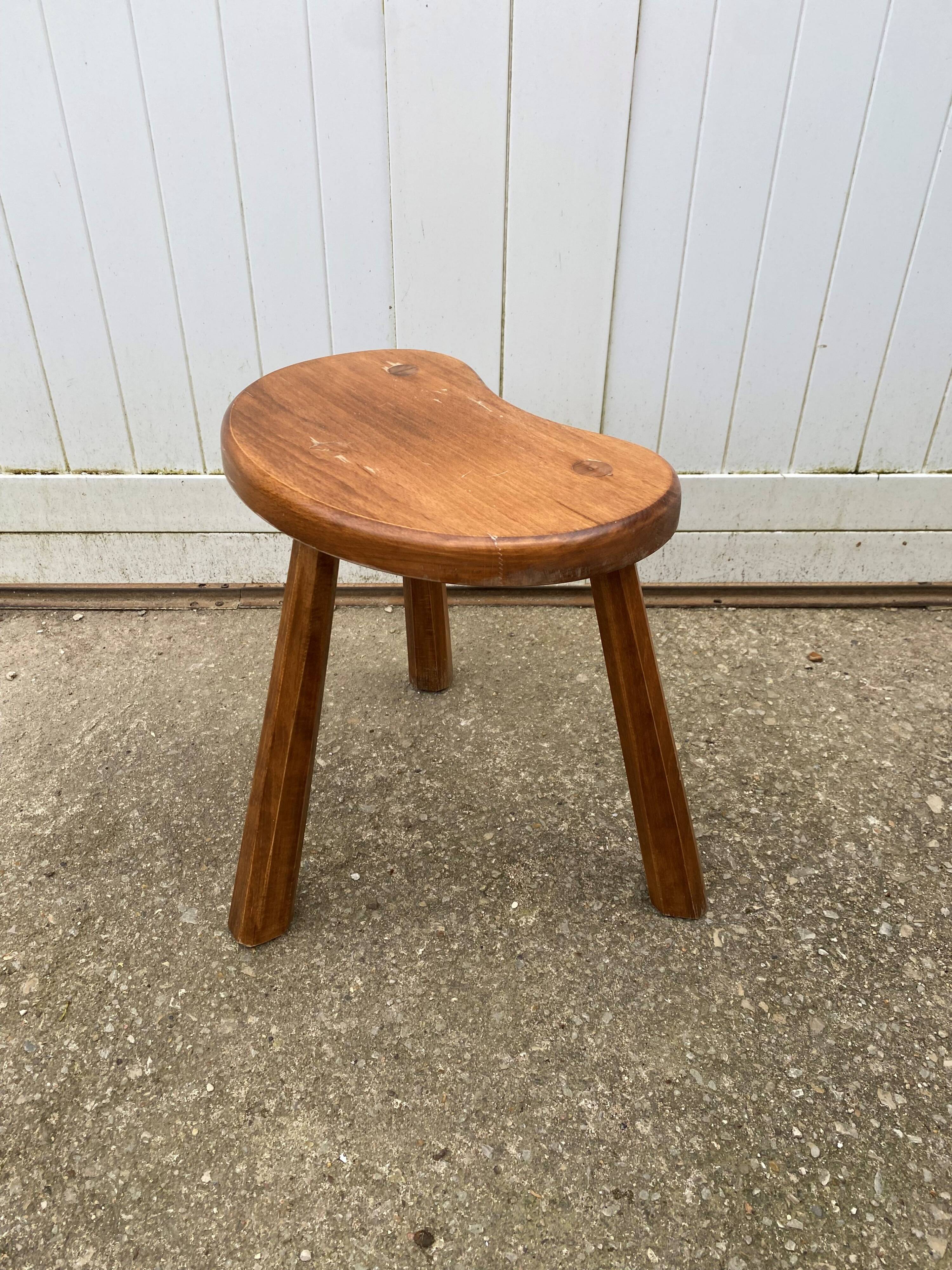 Rustic brutalist tripod wooden stool 1950s