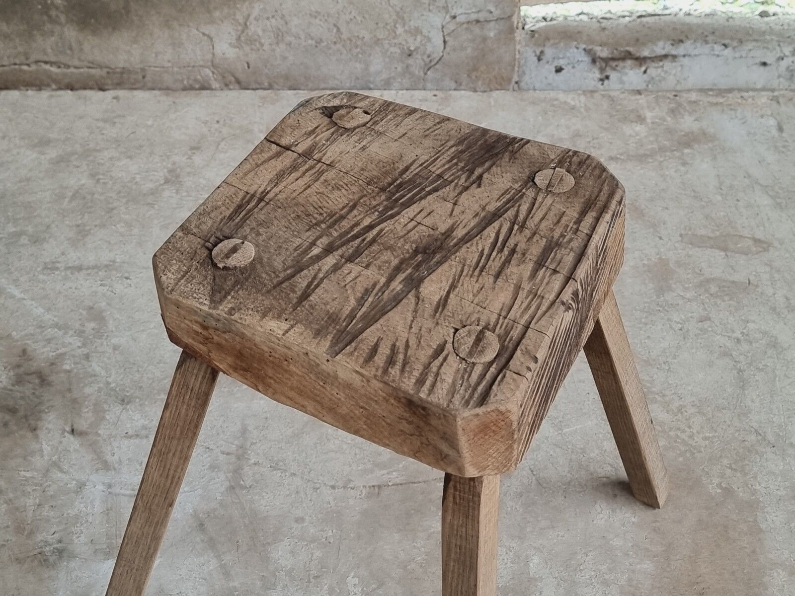 Antique stool rustic side table oak wood