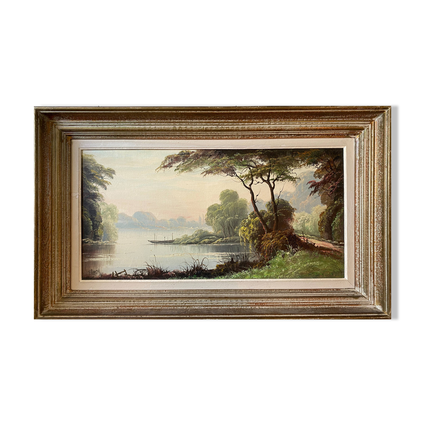 Painting "Landscape with wooded pond" HST signed Fleury + frame