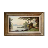 Painting "Landscape with wooded pond" HST signed Fleury + frame