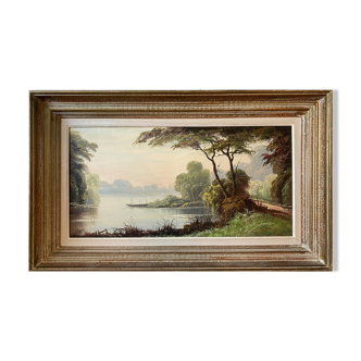 Painting "Landscape with wooded pond" HST signed Fleury + frame