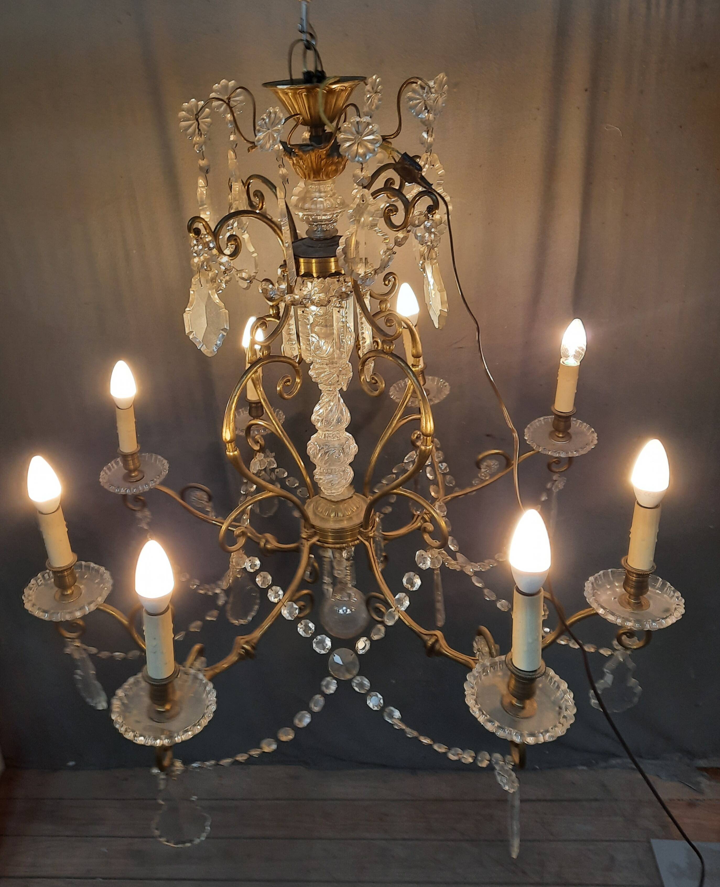 Large brass and glass chandelier