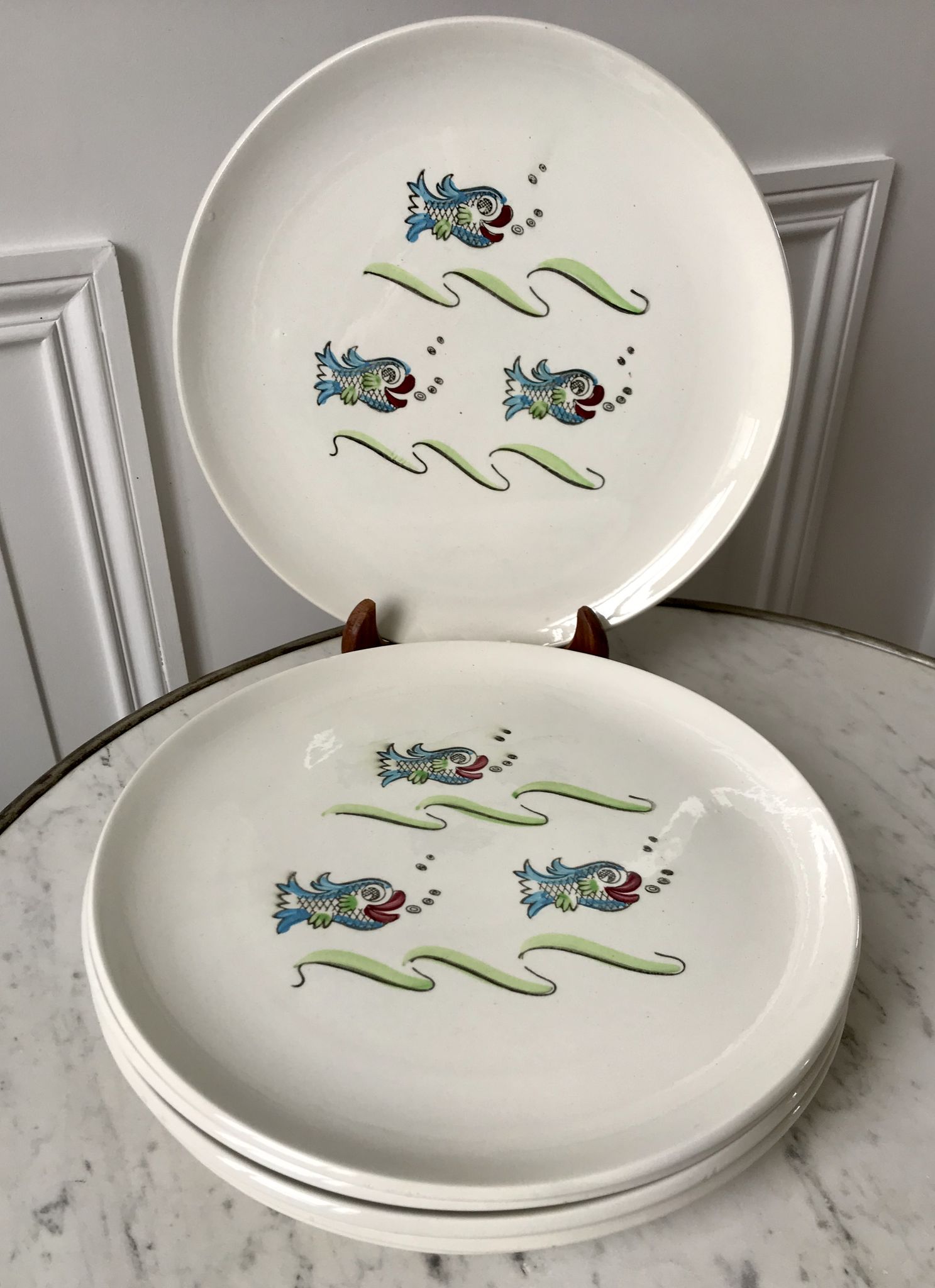 Lot de 6 assiettes plates modèle Poisson Saint-Amand années 50