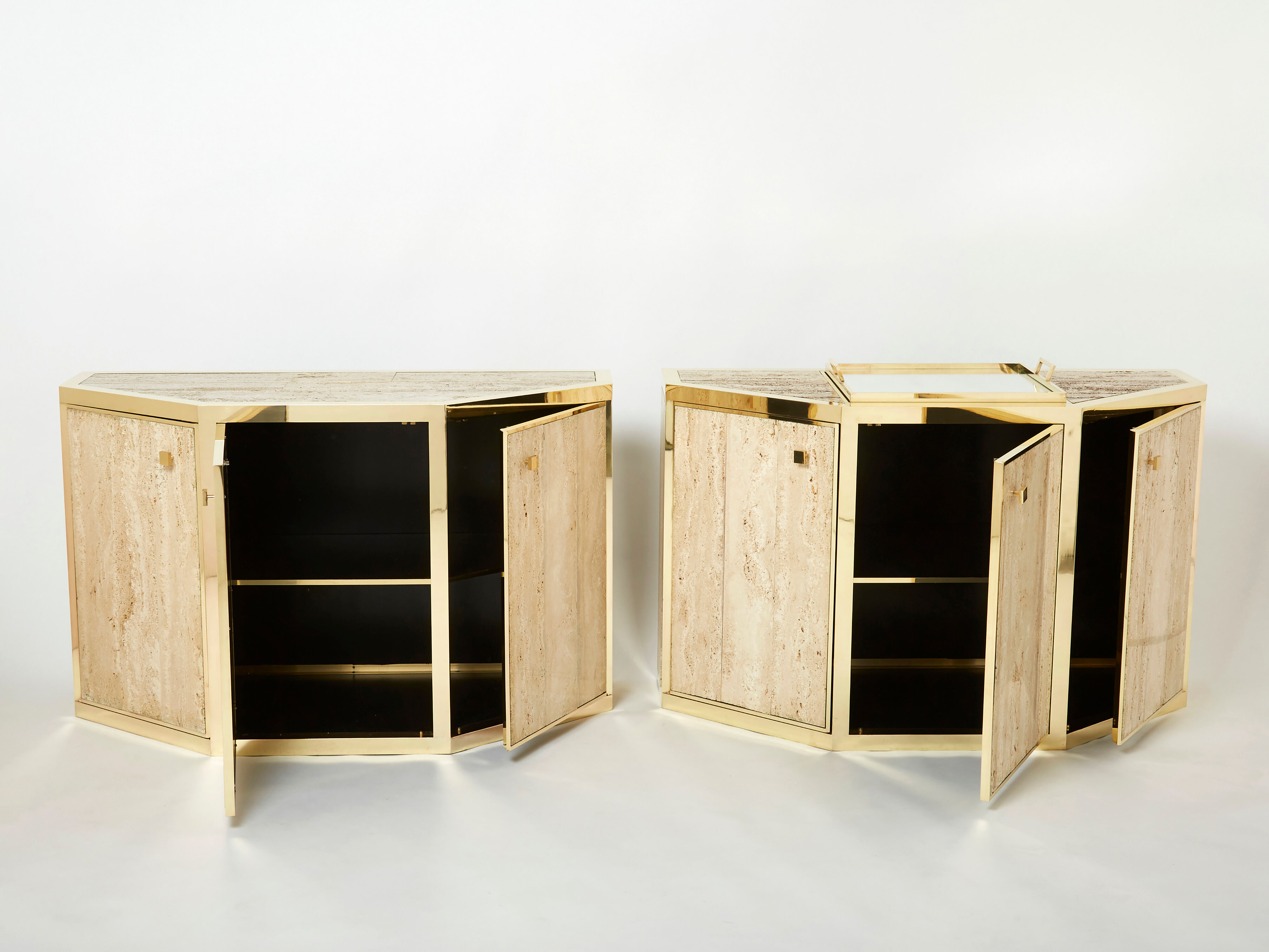 Pair of travertine brass cabinets by Alfredo Freda 1975