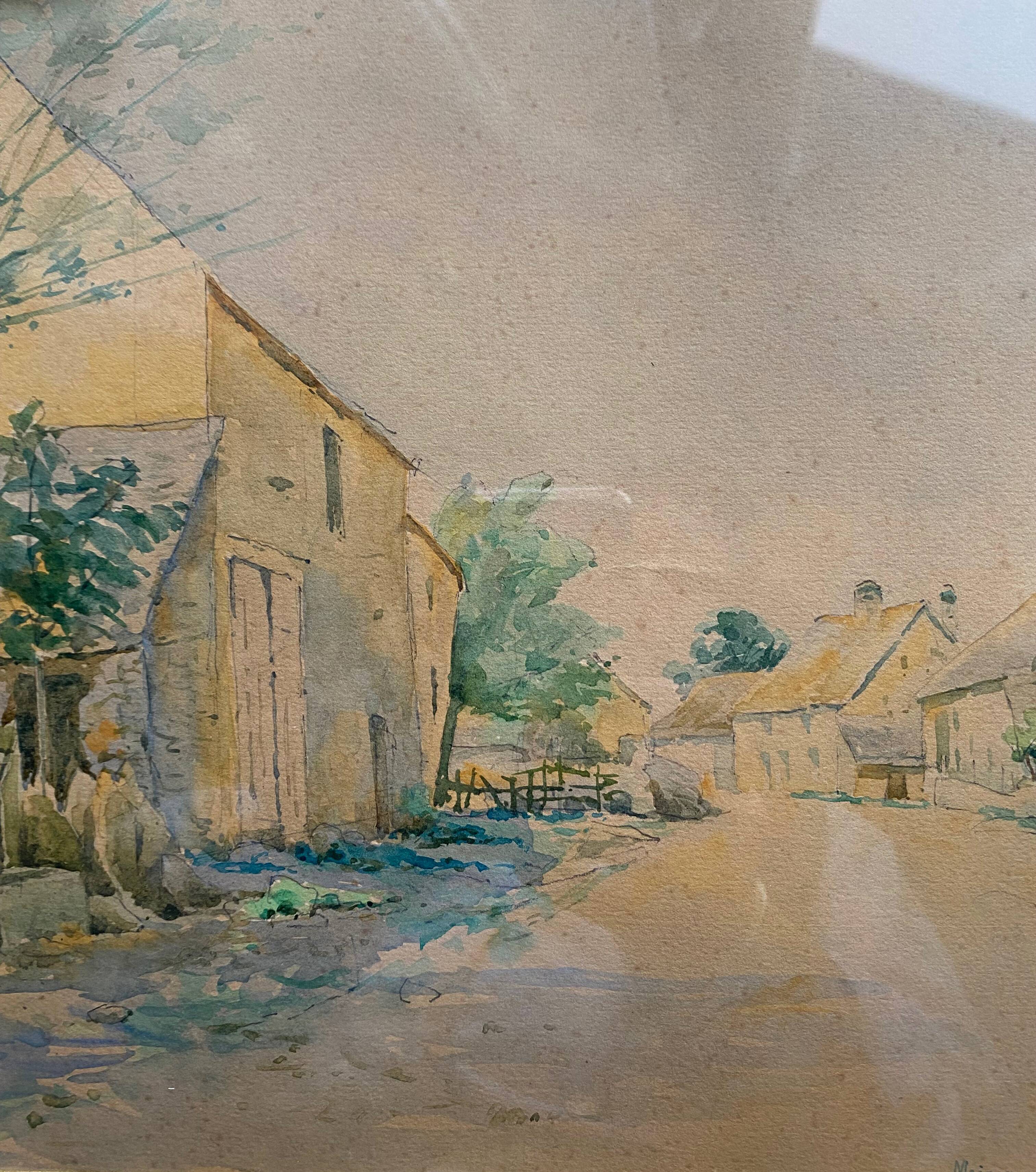Watercolor painting "Maison Dieu" Marie Chatelain late NINETEENTH + frame