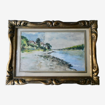 Watercolor painting of Ile Saint Denis, banks of the Seine, signed