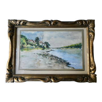Watercolour painting of Île Saint Denis, banks of the Seine, signed.
