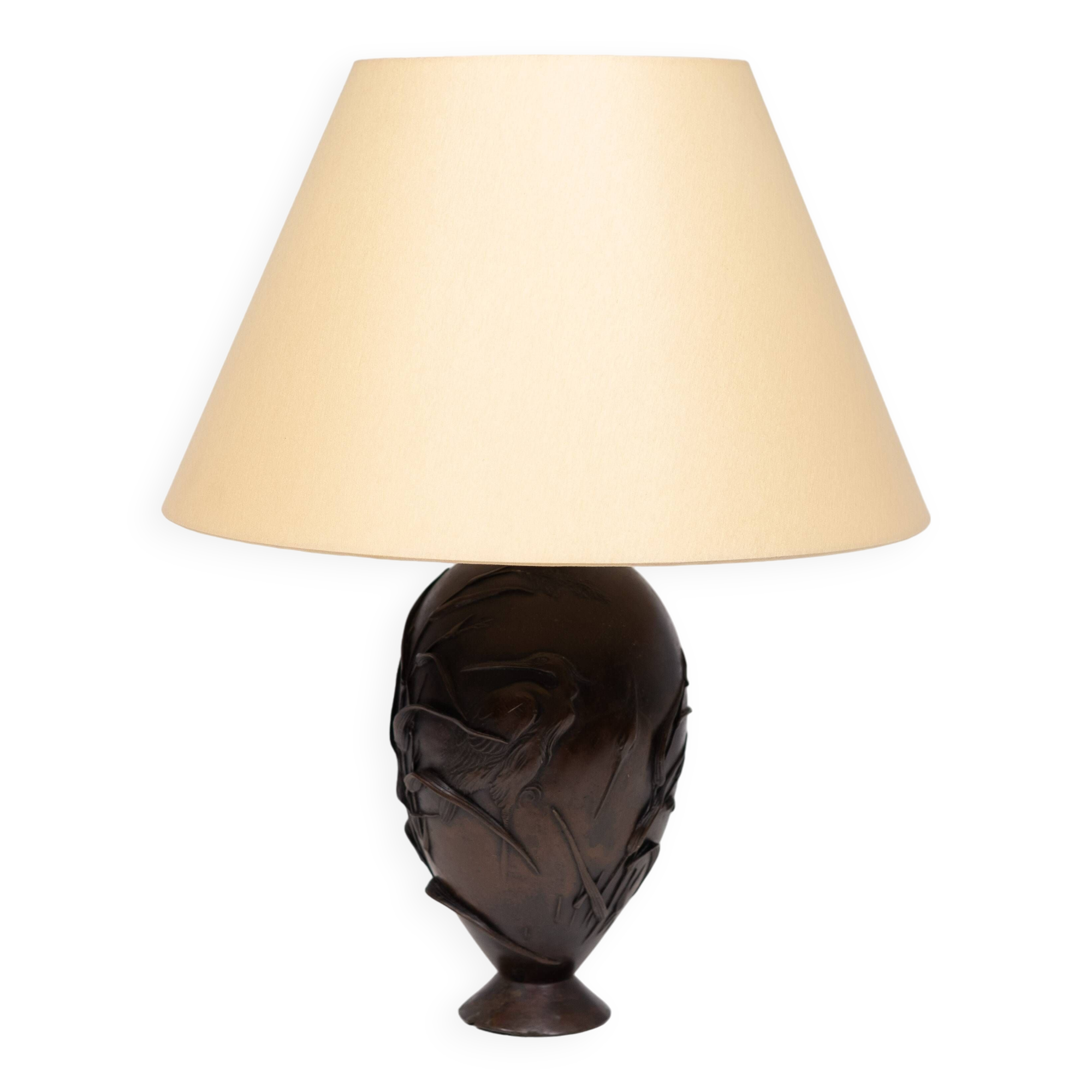 Bronze Lamp stand vase Depicting Cranes and Bamboo Meiji period