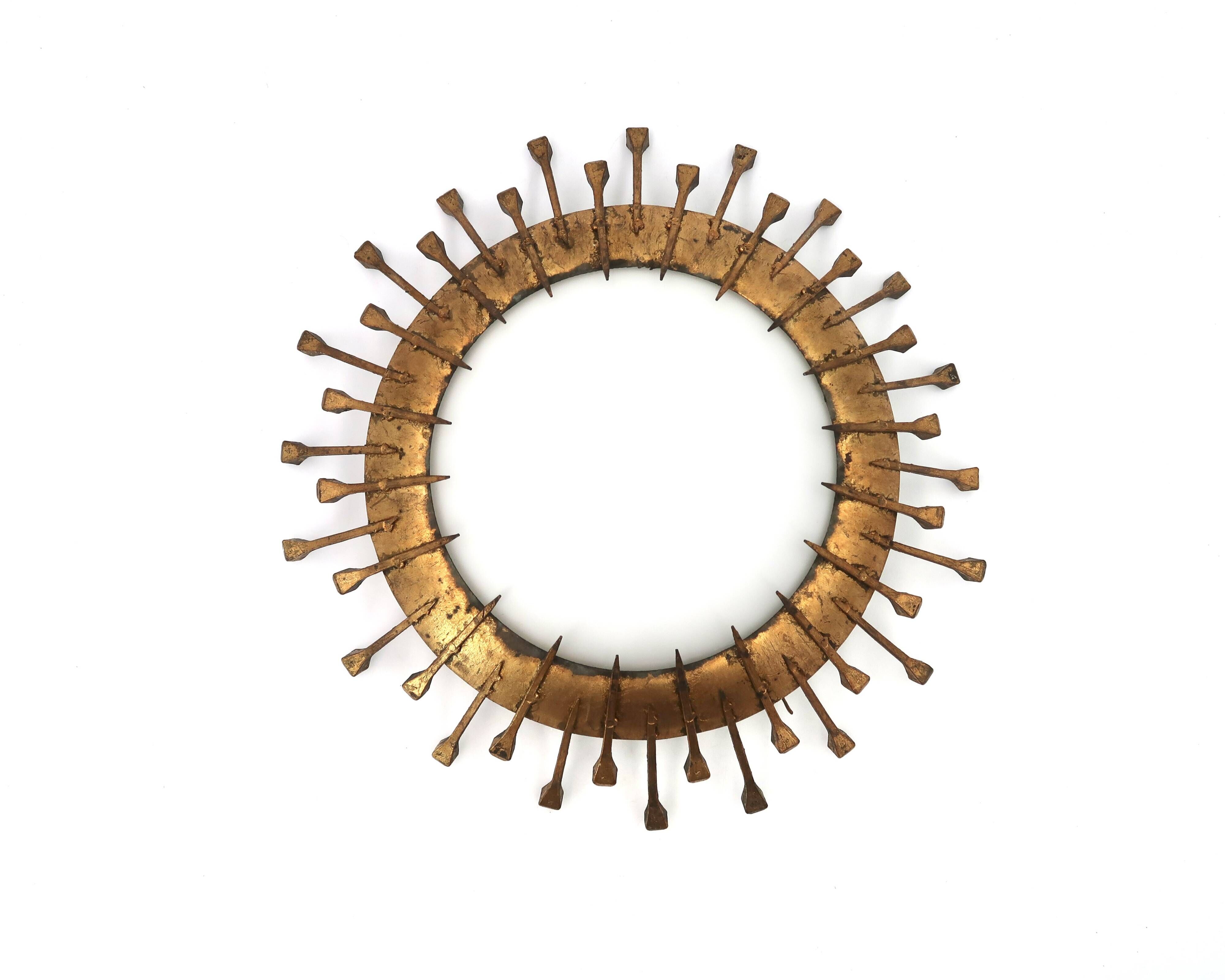 Ceiling light with forged gold nails and opaque white glass, 1950s.