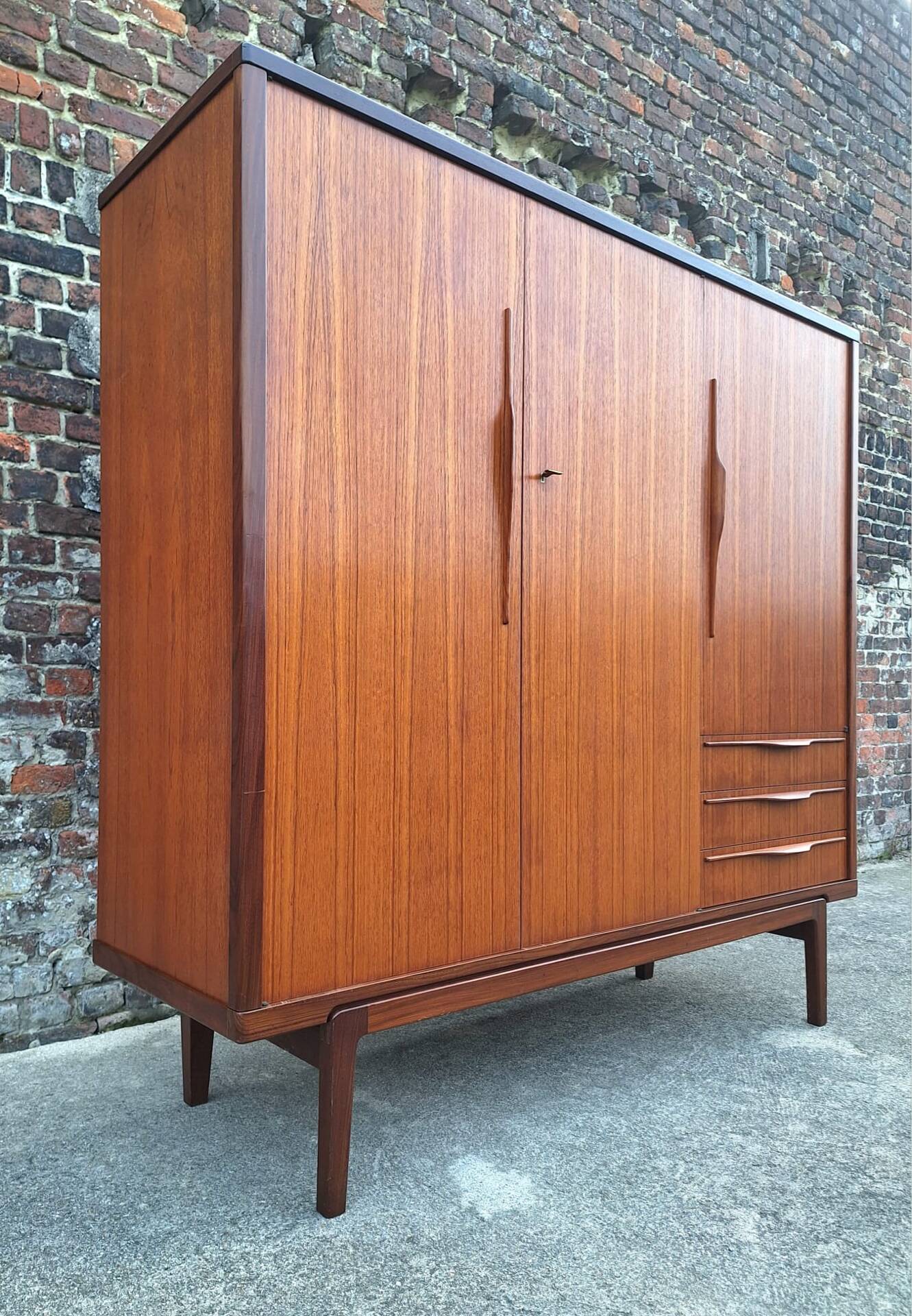 Vintage teak wardrobe, antique clothing cabinet.