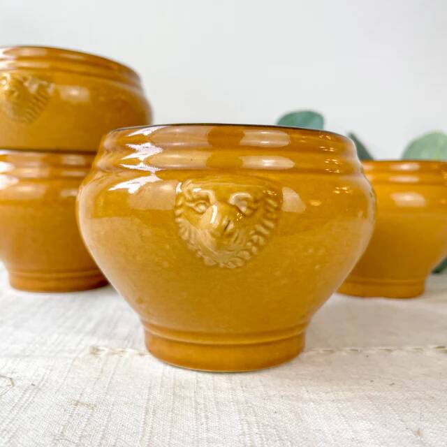 4 lion's head onion soup bowls in vintage ceramic - honey and black, made in France.