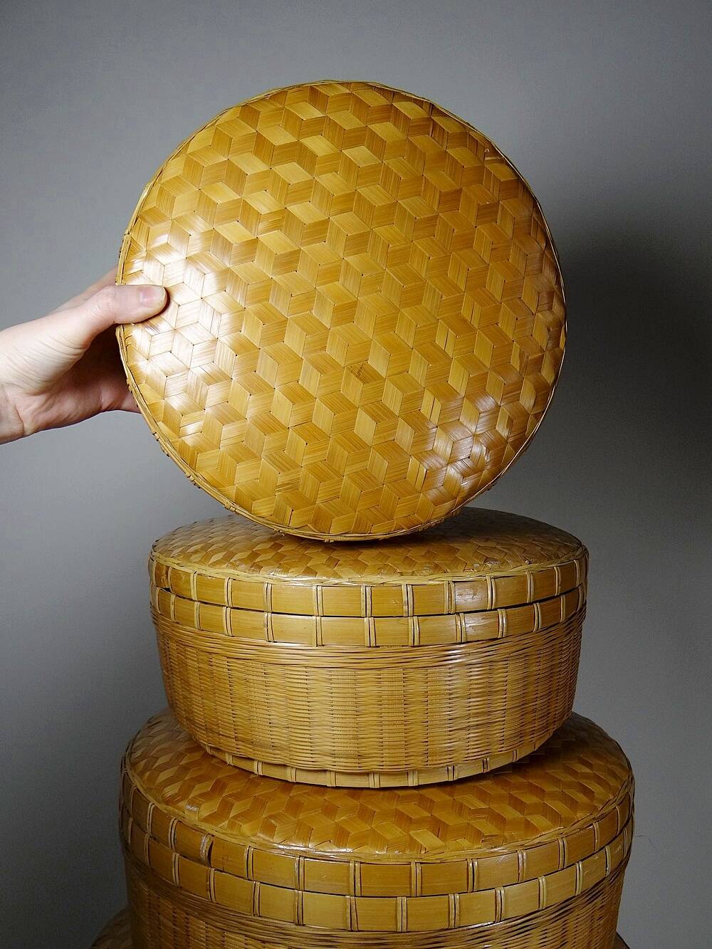 4 boîtes gigognes en bambou tressé, artisanat asiatique vintage