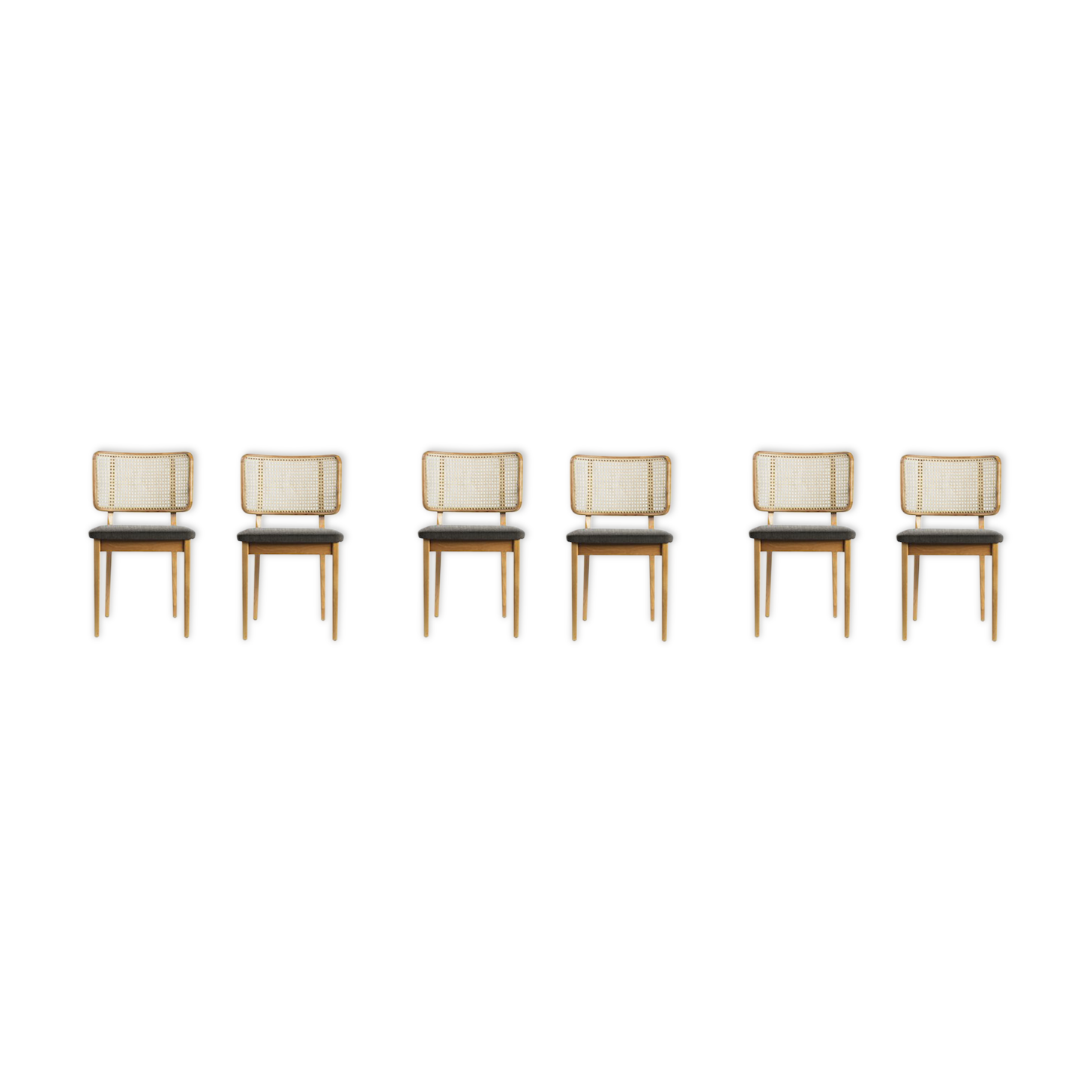 Lot de 6 chaises cannage bois clair tissu caviar