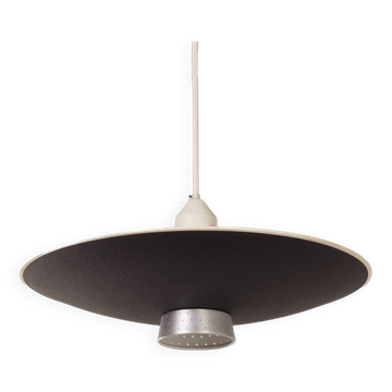 BLACK METAL PENDANT LAMP WITH DIFFUSER BY LOUIS KALFF FOR PHILIPS, 1950S