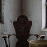Scandinavian armchair in solid oak with cushion, folk art, early 19th century.