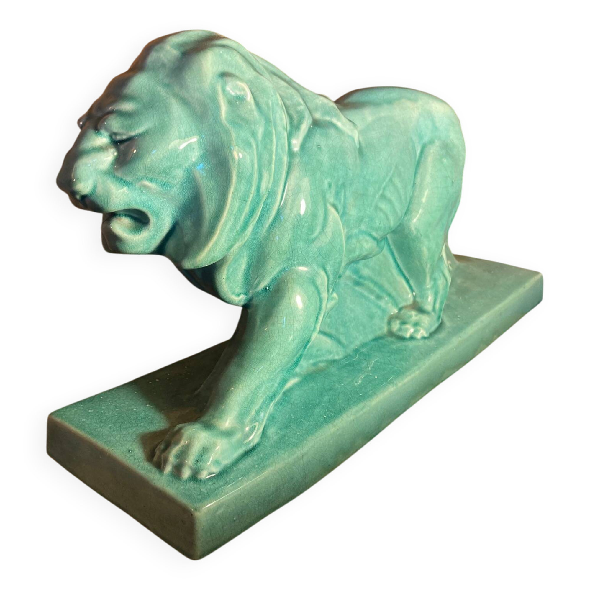 Large Art Deco lion sculpture, in crackled enamel, Peugeot, 1934, Le Jan