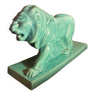 Large Art Deco lion sculpture, in crackled enamel, Peugeot, 1934, Le Jan