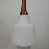 Scandinavian pendant light in opaline and teak, around 1960.
