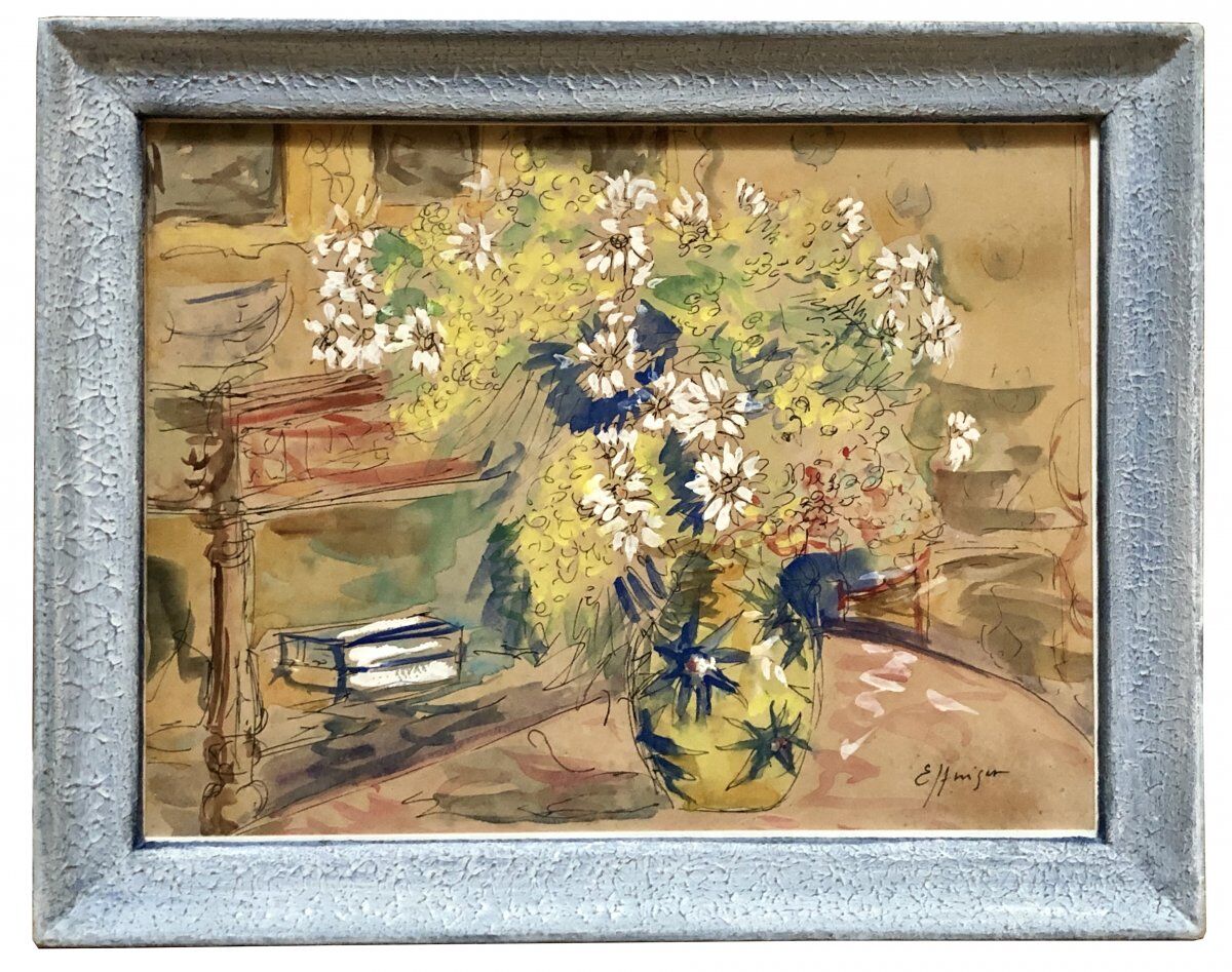 1930s/1950s, Watercolor Gouachée Figurant Un Intérieur Au Bouquet De Fleurs.