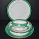 Paris porcelain set of 3 plates and a sauce boat with green border and gold monogram JC.