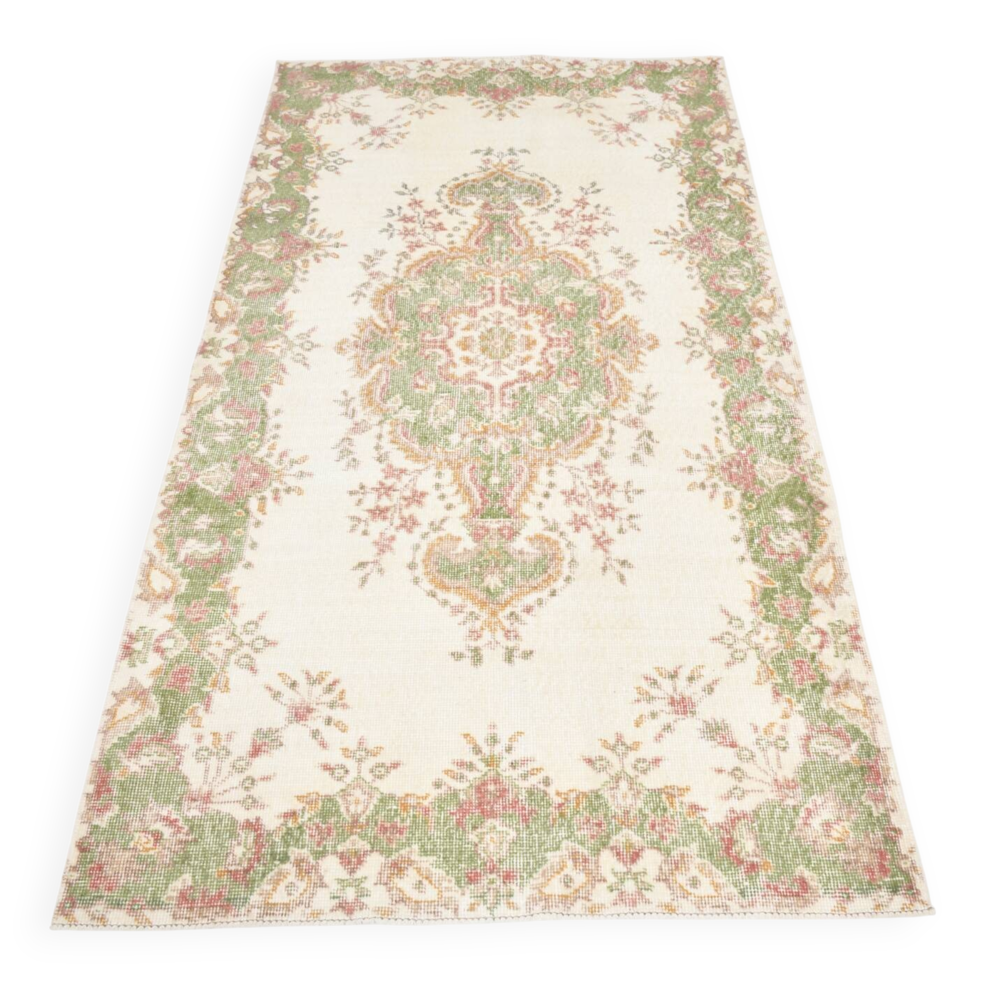 4x7 Beige and Green Floral Design Vintage Rug, Anatolian Rug, 113x207Cm