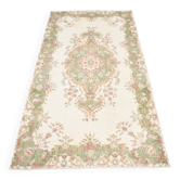 Tapis vintage à motif floral beige et vert 4x7, tapis anatolien, 113x207 cm