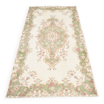 Tapis vintage à motif floral beige et vert 4x7, tapis anatolien, 113x207 cm