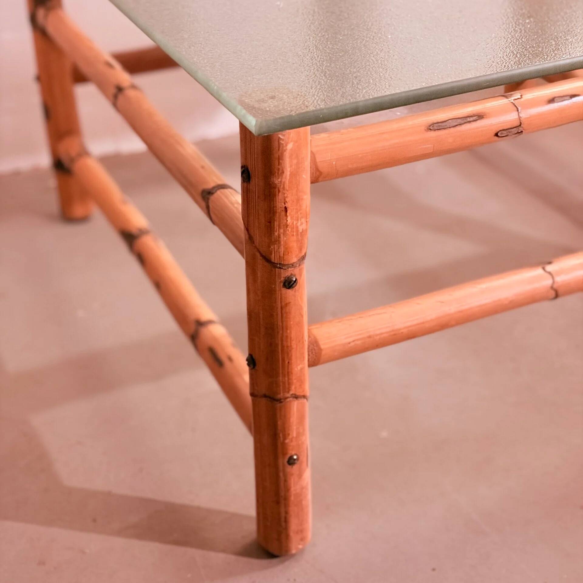 Vintage bamboo coffee table with glass top, 1970s, Brazil