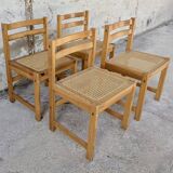 Set of 4 vintage pine chairs with cane seats