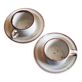 2 enameled stoneware espresso cups and saucers - France, 70s/80s