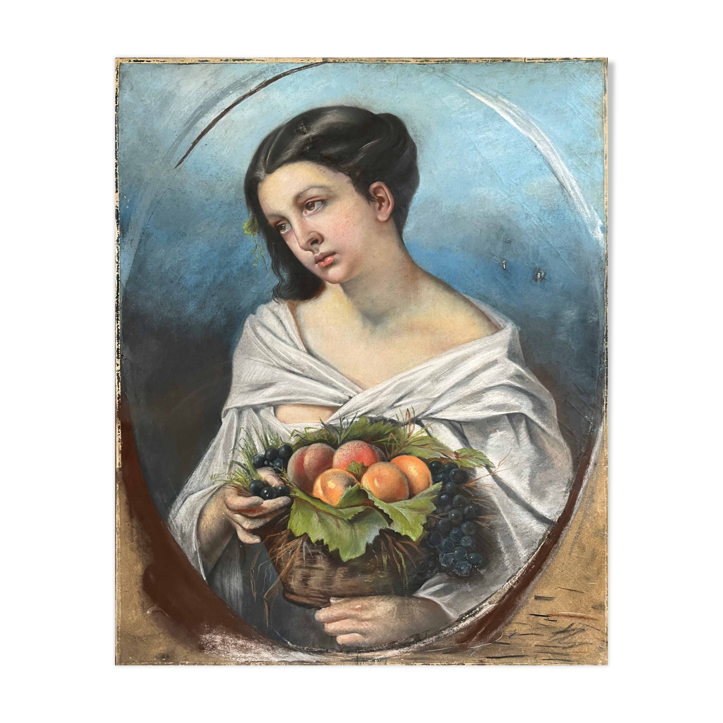 Tableau Pastel 1857 "Jeune fille aux fruits" par Mme Ganthenet