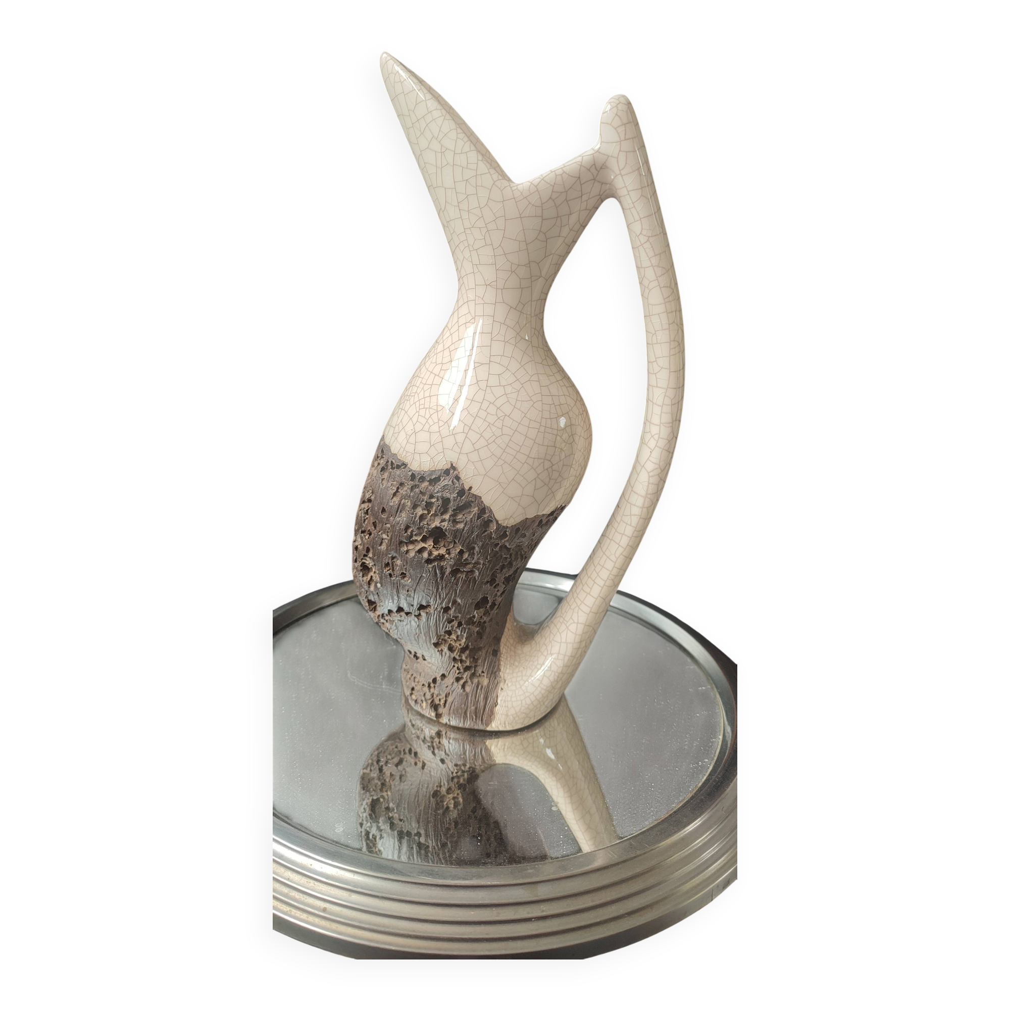Vase Pichet "Forme Libre" Raku et Bois vermoulu (1960/70)