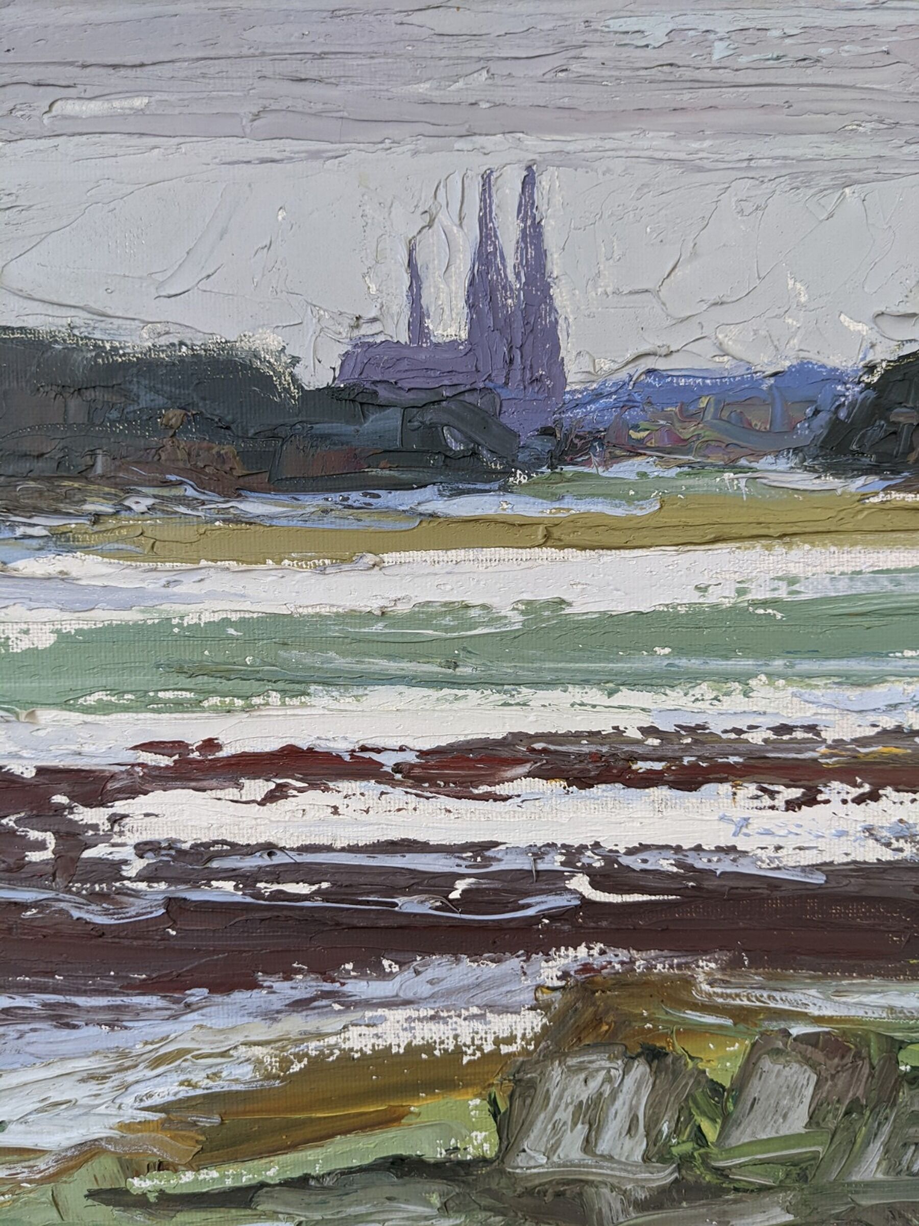 Mid-Century Modern Swedish "Planes" Vintage Expressive Landscape Oil Painting, Framed