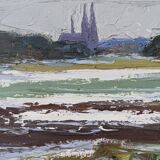 Mid-Century Modern Swedish "Planes" Vintage Expressive Landscape Oil Painting, Framed