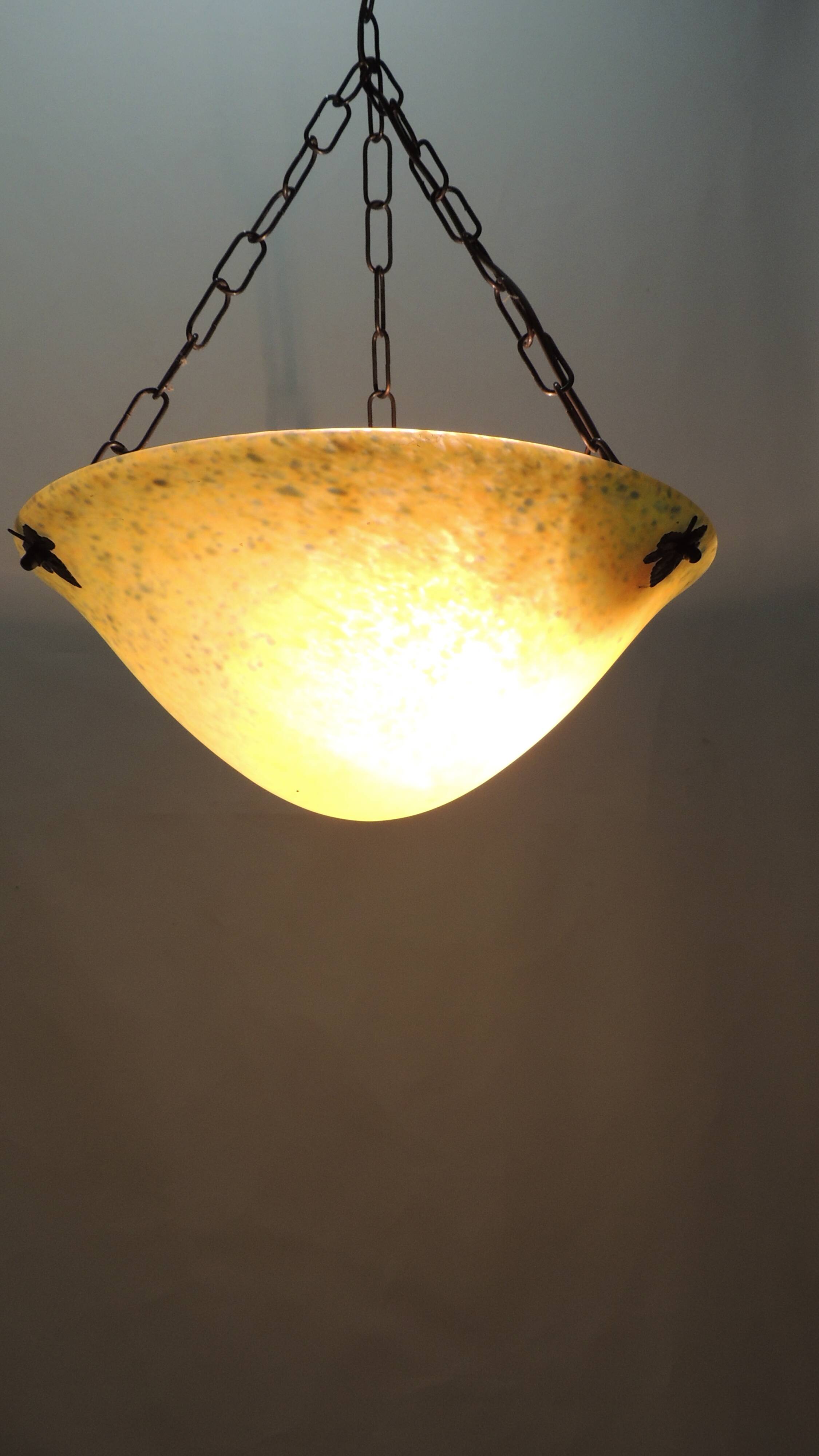 1970s vintage yellow speckled glass suspension – retro chain chandelier