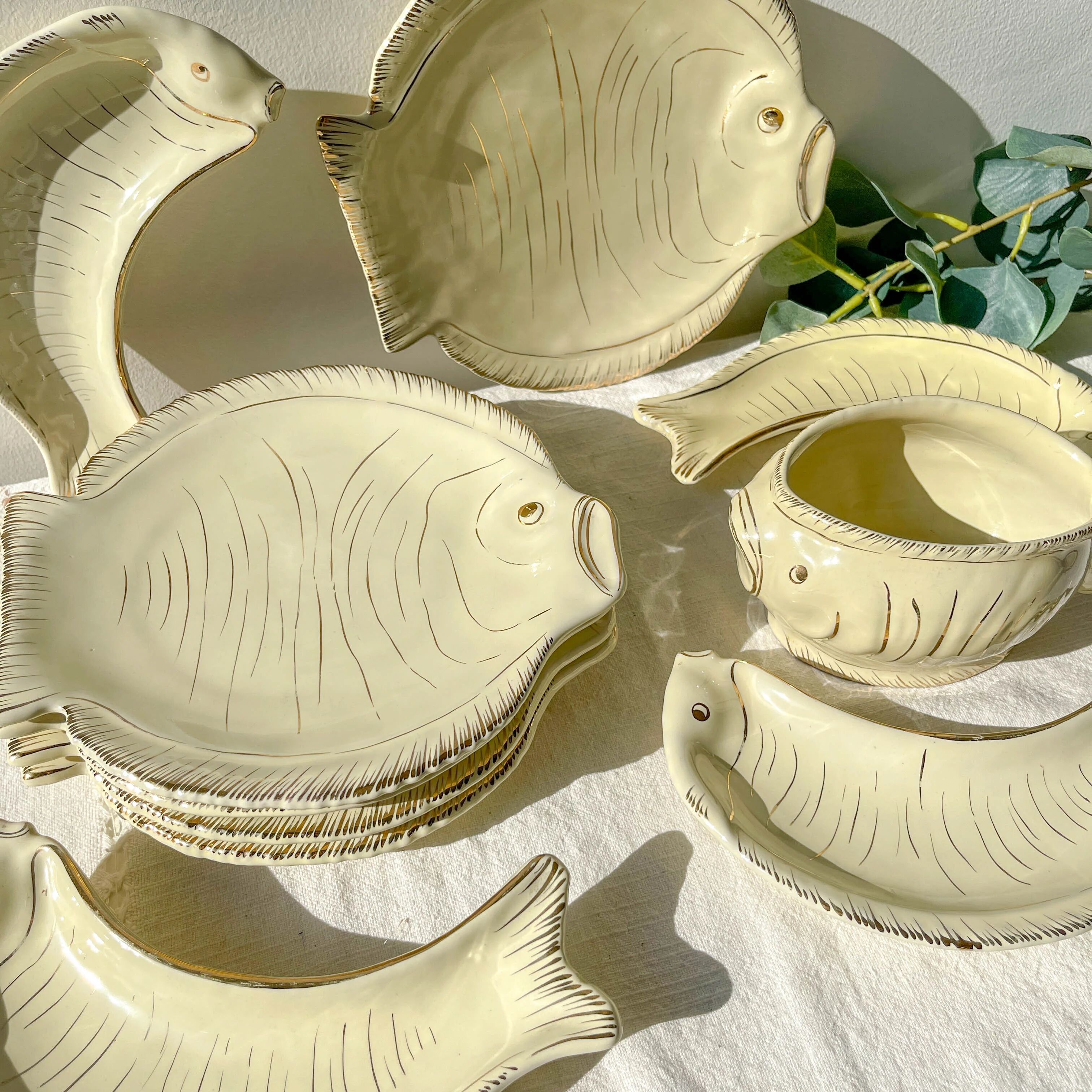Vintage Italian fish service La Quercia – 1950s ceramic plates & bowls