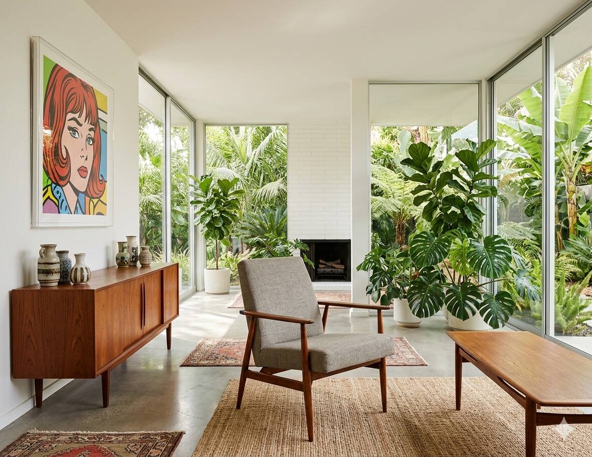 Beige mixed vintage armchair from the 1970s.