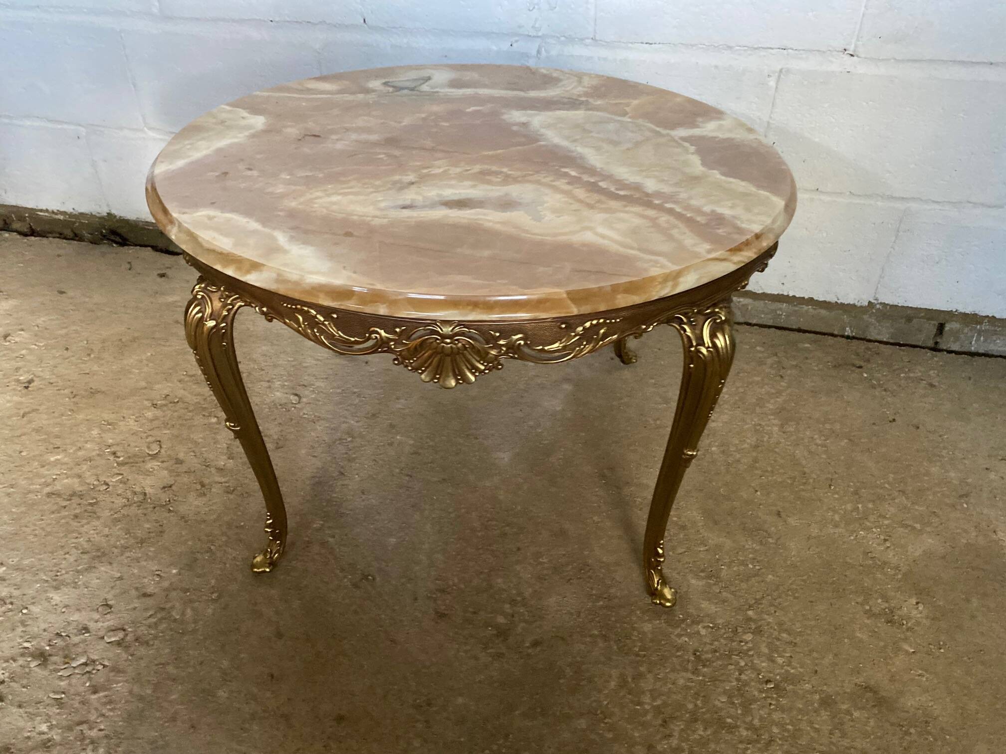 Vintage 1950s round onyx coffee table with brass base